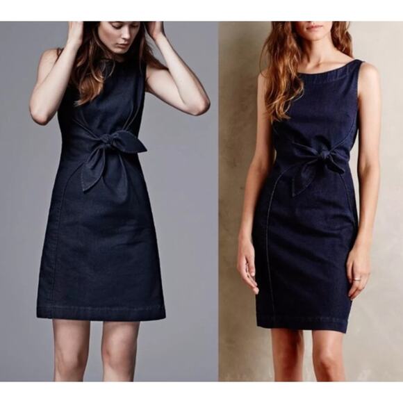 Anthropologie Holding Horses Clara Denim Tie Knot Sleeveless Dress 6 / Small - Picture 1 of 9